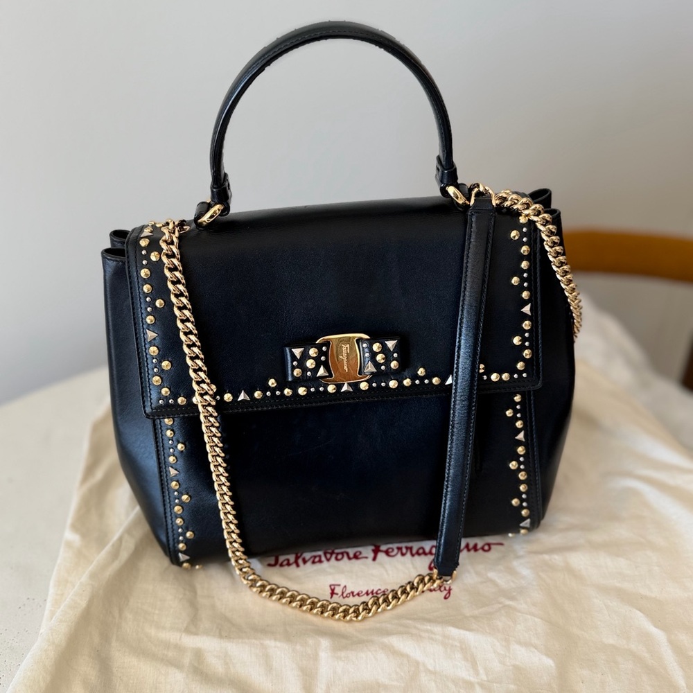 Salvatore Ferragamo Black Leather Satchel with Gold & Silver Studs